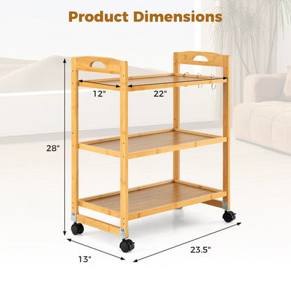 3 Tier Bamboo Storage Rolling Cart With 4 Wheels