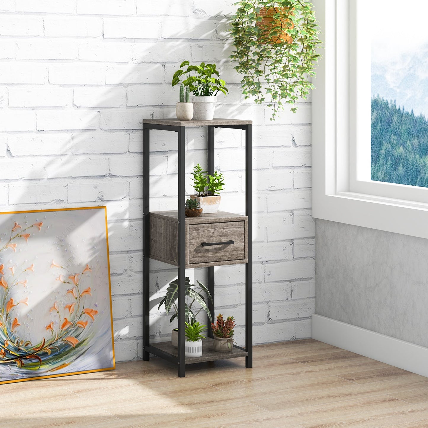 Soporte metálico alto para plantas de 3 niveles con cajón para balcón u oficina - Gris