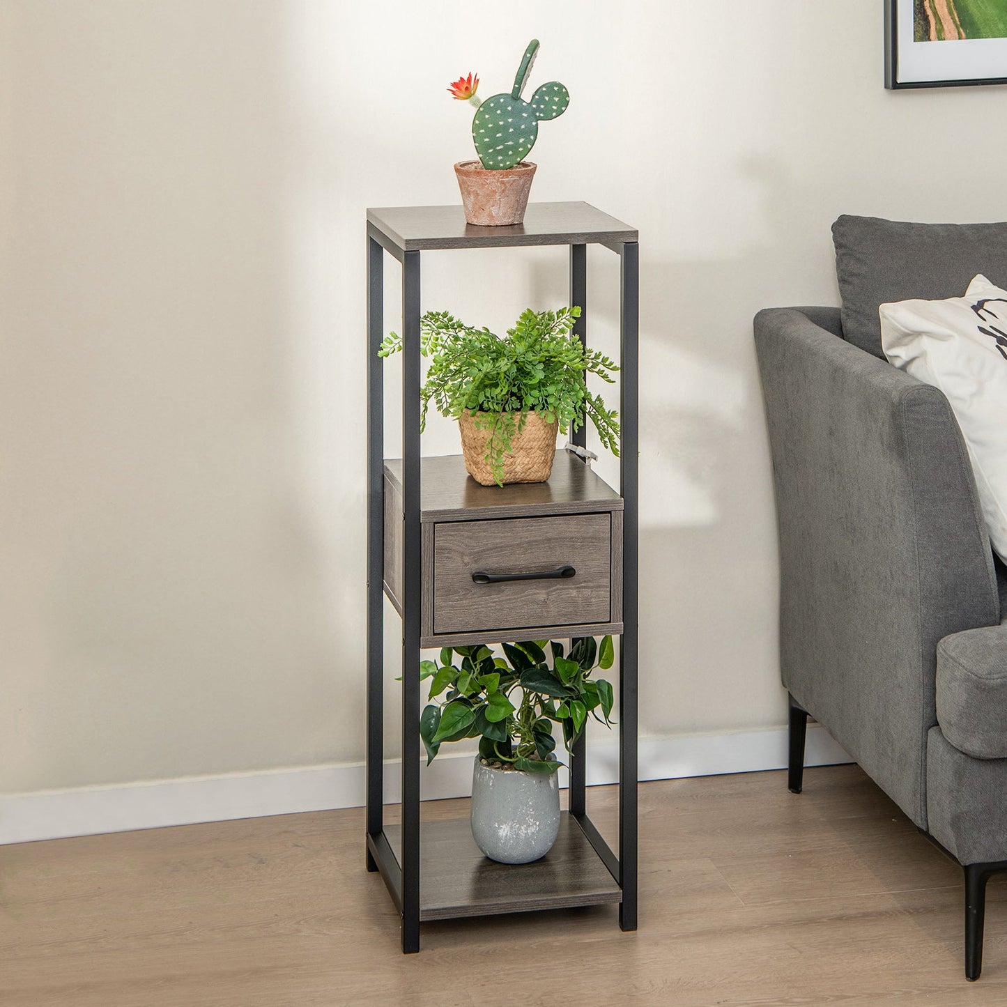 Soporte metálico alto para plantas de 3 niveles con cajón para balcón u oficina - Gris