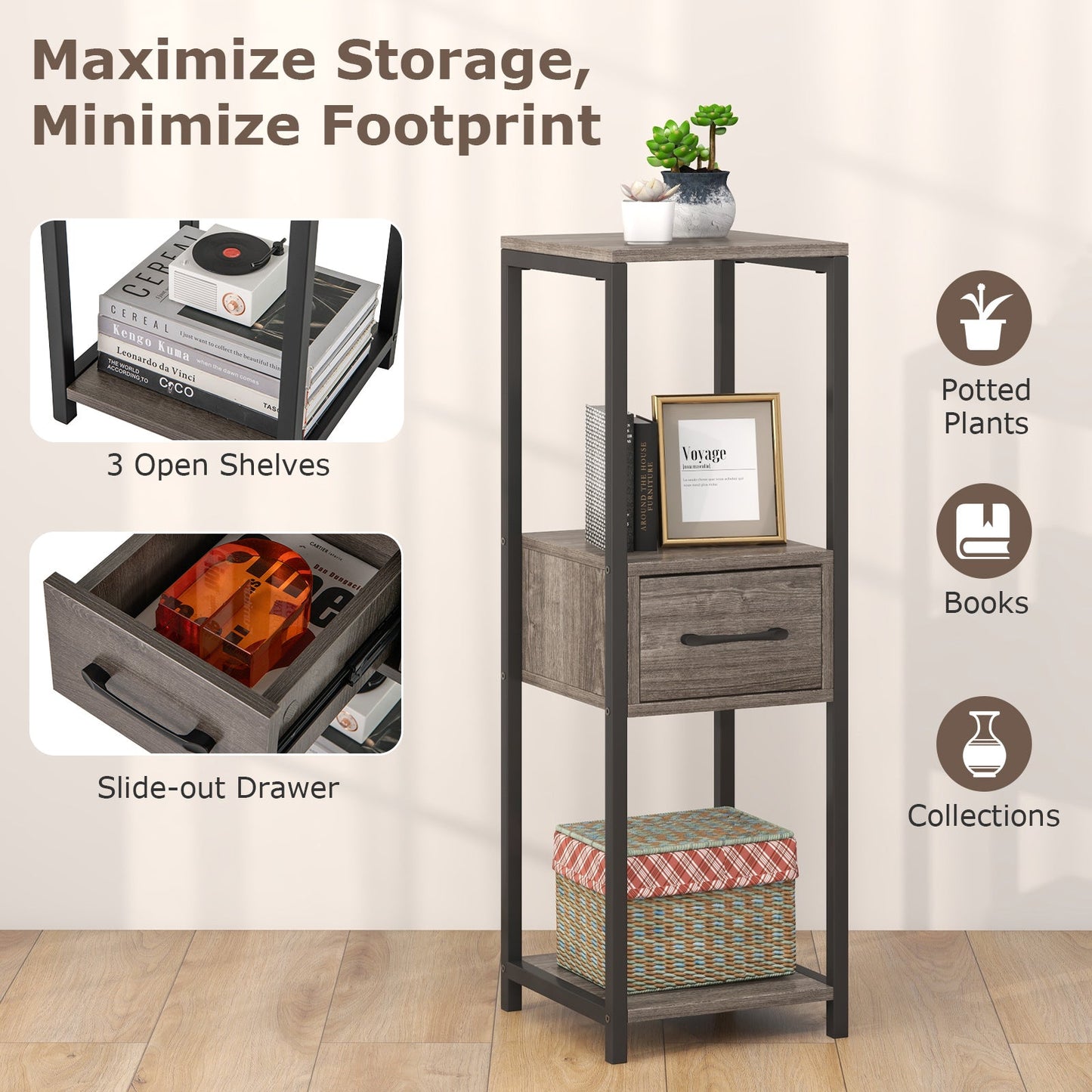 Soporte metálico alto para plantas de 3 niveles con cajón para balcón u oficina - Gris