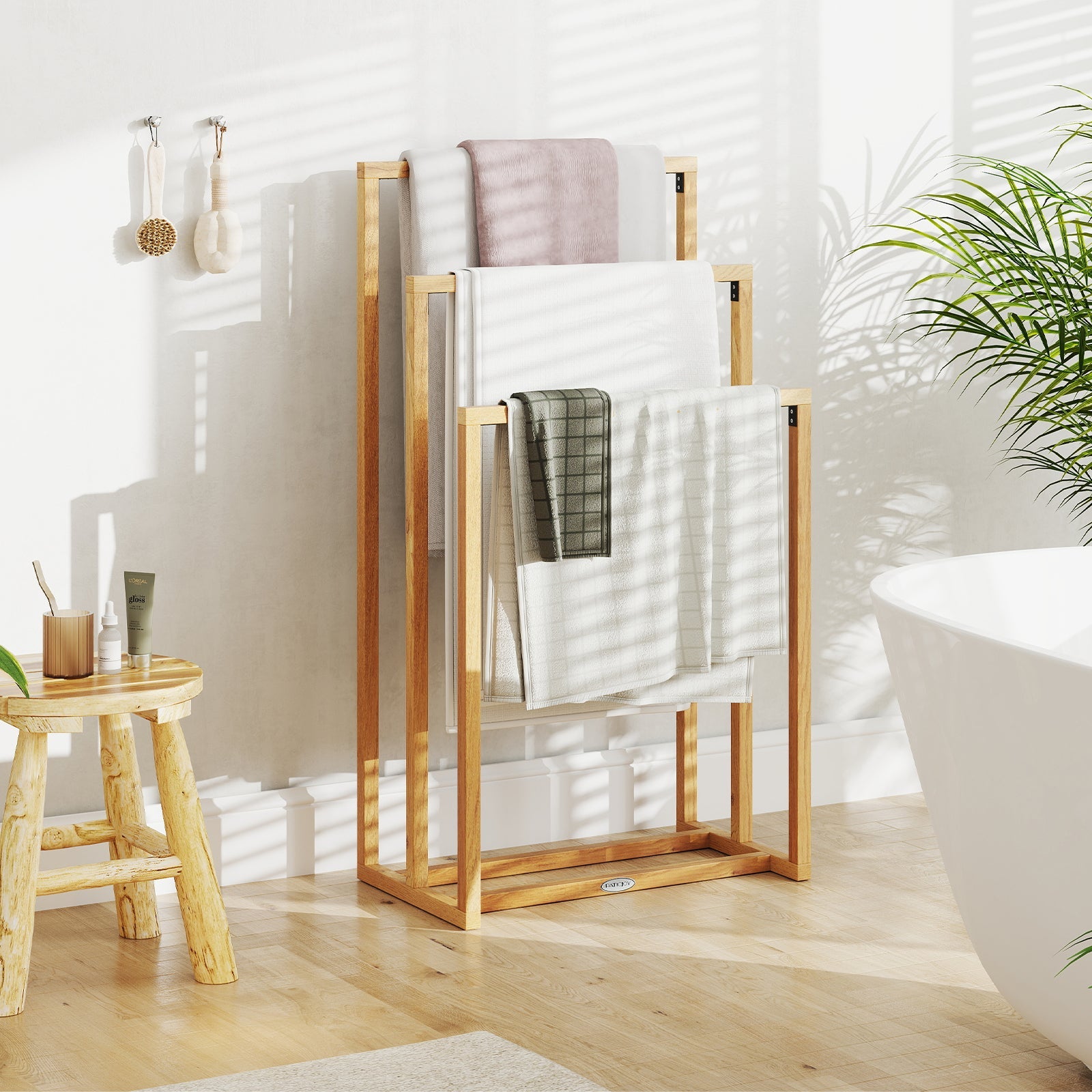 3-Tier Teak Wood Towel Rack with 3 Hanging Crossbars in natural finish by DirectDeals on Tampa Home & Garden Store