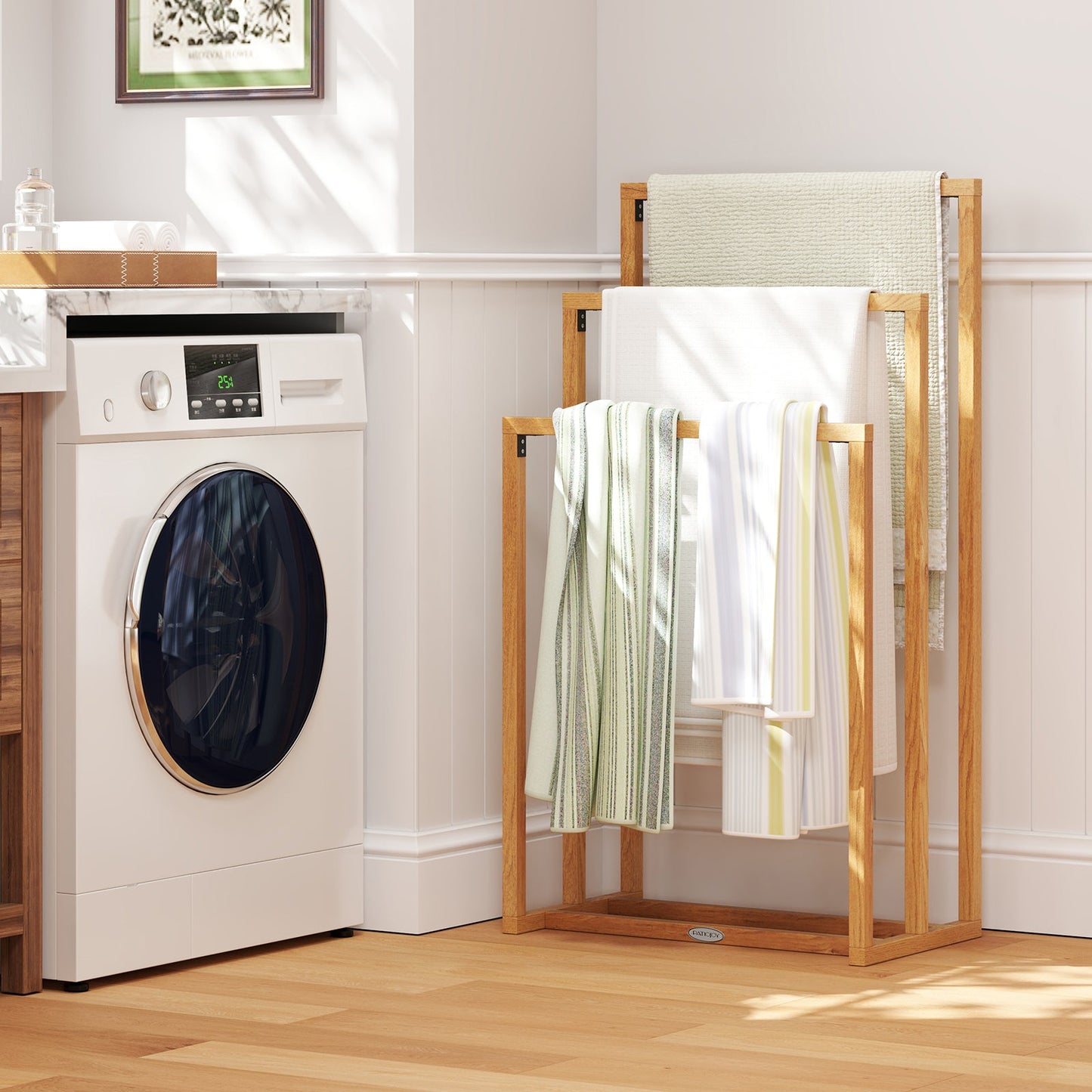 DirectDeals 3-Tier Teak Wood Towel Rack with 3 Crossbars, teak finish, towels on Tampa Home & Garden Store