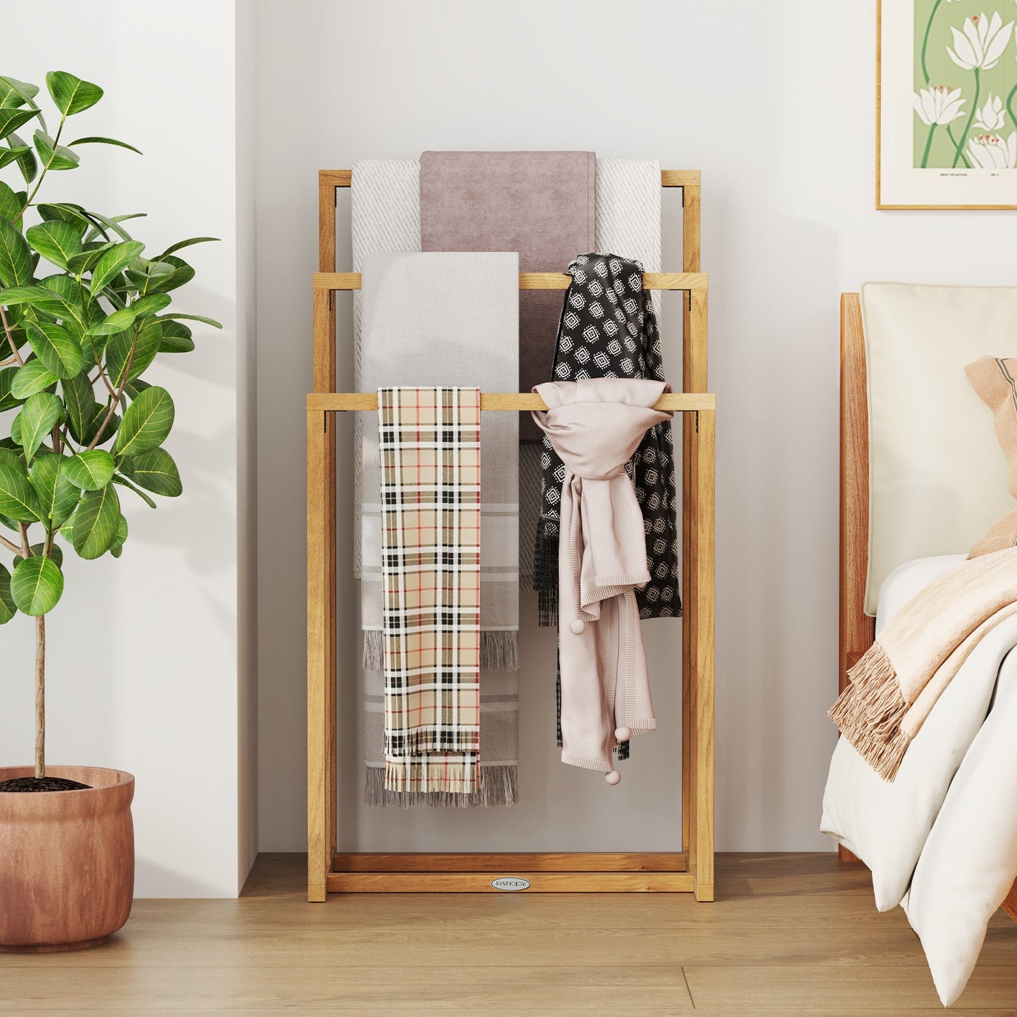 3-Tier Teak Wood Towel Rack with 3 Hanging Crossbars in natural finish, towels hung DirectDeals on Tampa Home & Garden Store