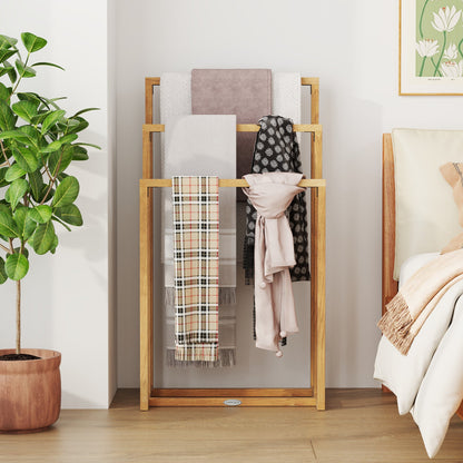 3-Tier Teak Wood Towel Rack with 3 Hanging Crossbars in natural finish, towels hung DirectDeals on Tampa Home & Garden Store