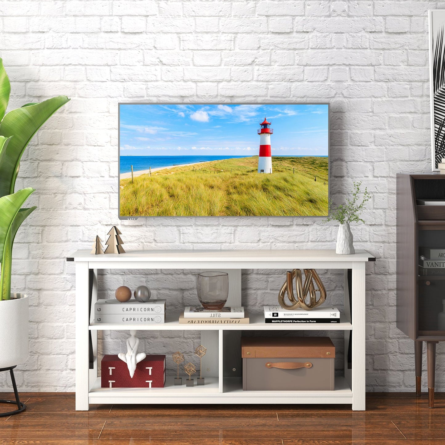 3 Tier Wood TV Stand for 55-Inch with Open Shelves and X-Shaped Frame