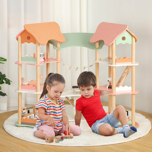 3-Tier Wooden Dollhouse for Kids Aged 3-8 Years Old with 32 Pieces of Accessories-Multicolor - Tampa Home & Garden Store