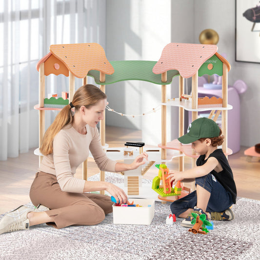 3-Tier Wooden Dollhouse for Kids Aged 3-8 Years Old with 32 Pieces of Accessories-Multicolor - Tampa Home & Garden Store