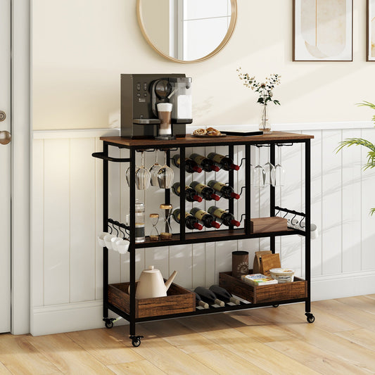 3 Tiers Bar Cart on Wheels with Glass Racks-Rustic Brown - Tampa Home & Garden Store