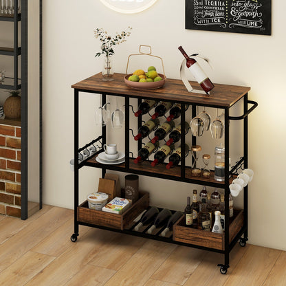 Carrito de bar de 3 niveles con ruedas y estantes para vasos - Marrón rústico