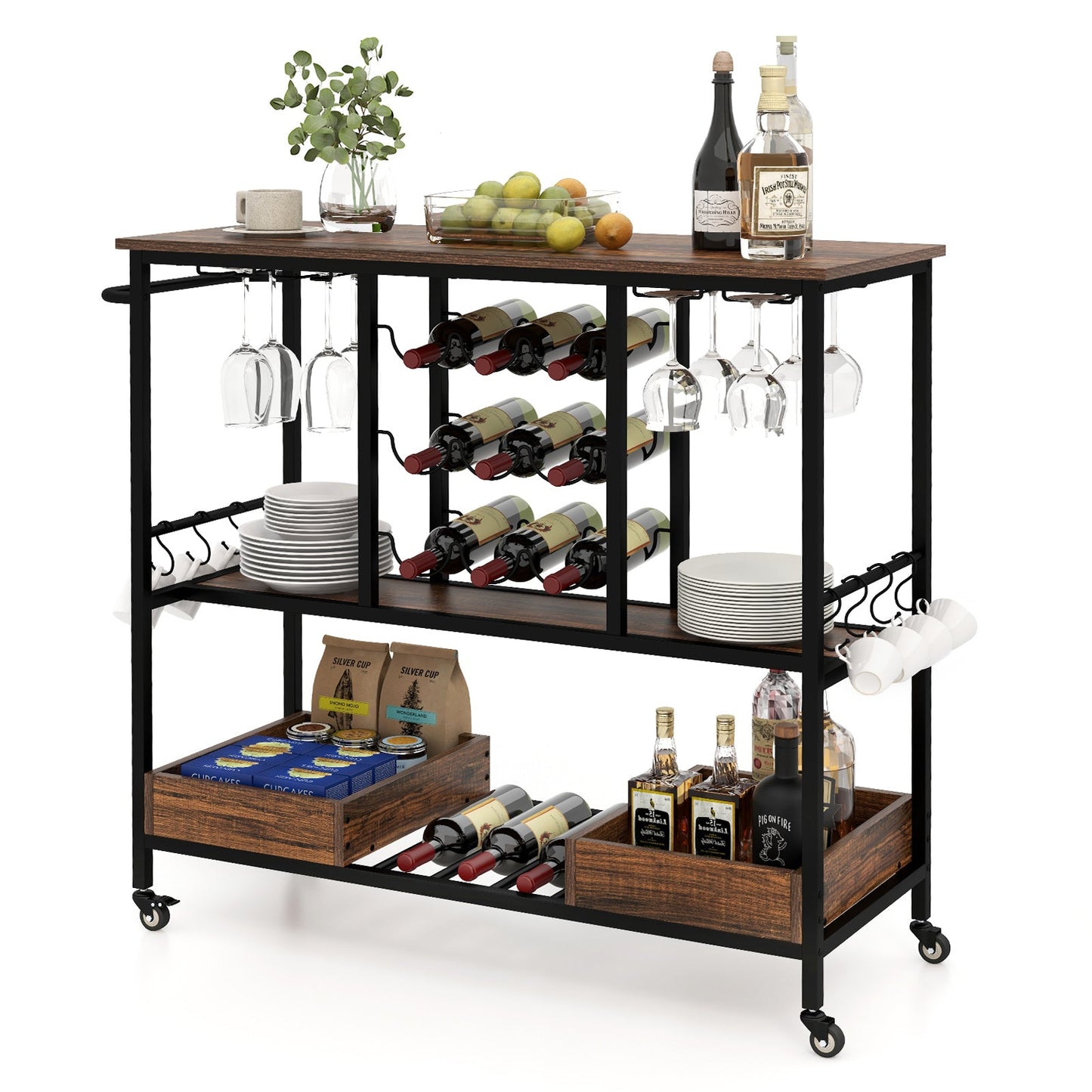 Carrito de bar de 3 niveles con ruedas y estantes para vasos - Marrón rústico