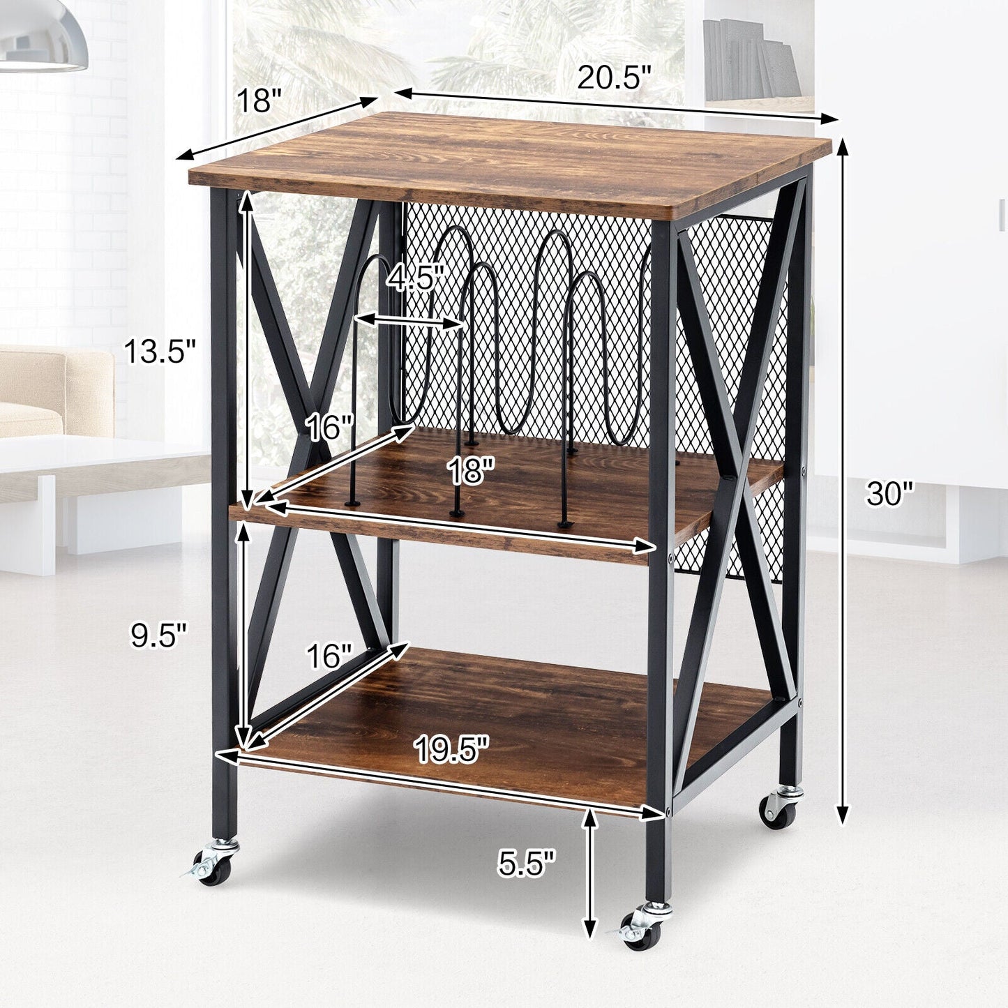 Mesa auxiliar rodante de 3 niveles estilo vintage con 3 divisores para álbumes - Marrón