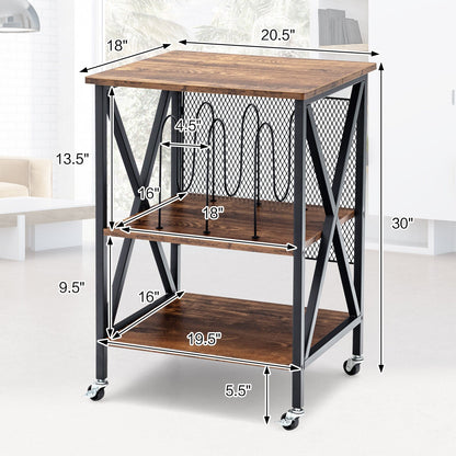 Mesa auxiliar rodante de 3 niveles estilo vintage con 3 divisores para álbumes - Marrón