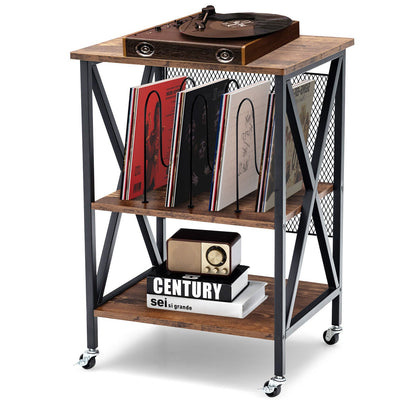 Mesa auxiliar rodante de 3 niveles estilo vintage con 3 divisores para álbumes - Marrón