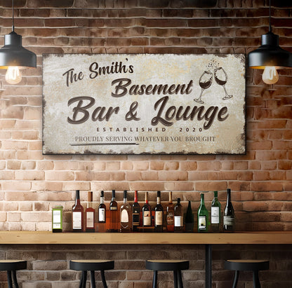 Canvas sign The Smiths Basement Bar with wine glasses, rustic finish by Tailored Canvases on Tampa Home & Garden Store