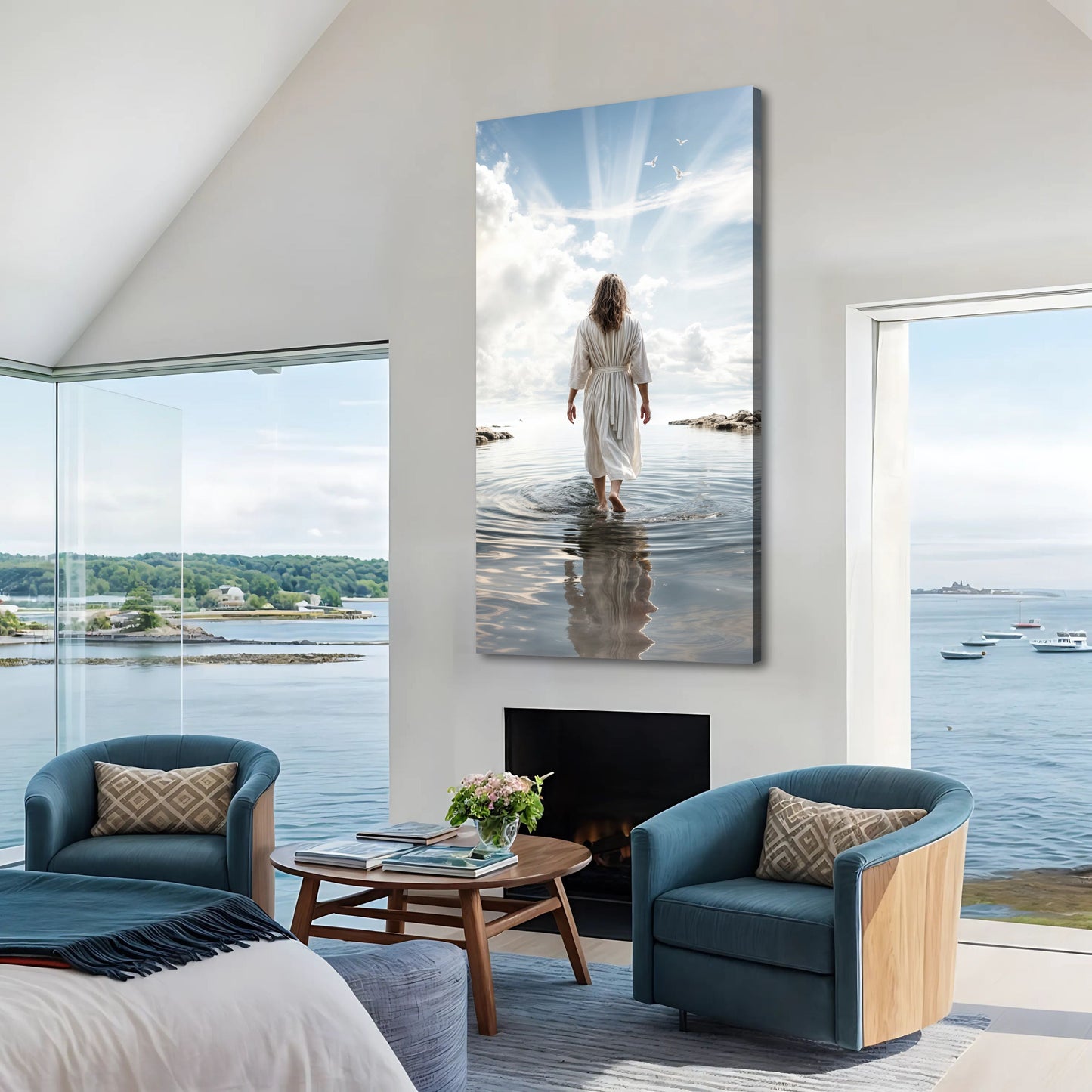 Reflections Faith Wall Art XVI canvas by Tailored Canvases, seascape with a white-robed woman on Tampa Home & Garden Store