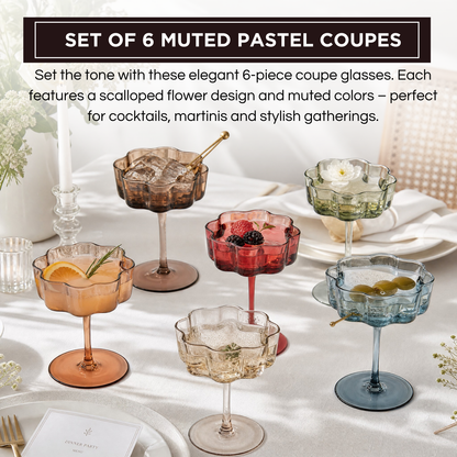 Elegant Muted Flower Coupe Glasses Set of 6