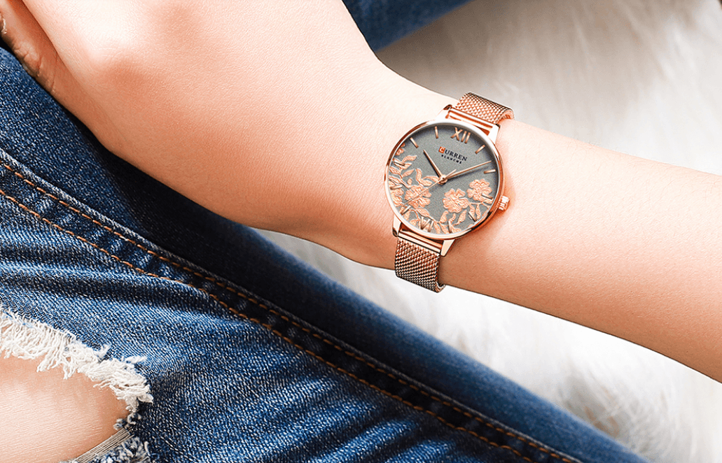 Womens Elegant Waterproof Clock Stevvex with rose gold mesh strap and floral decoupage dial on Tampa Home & Garden Store