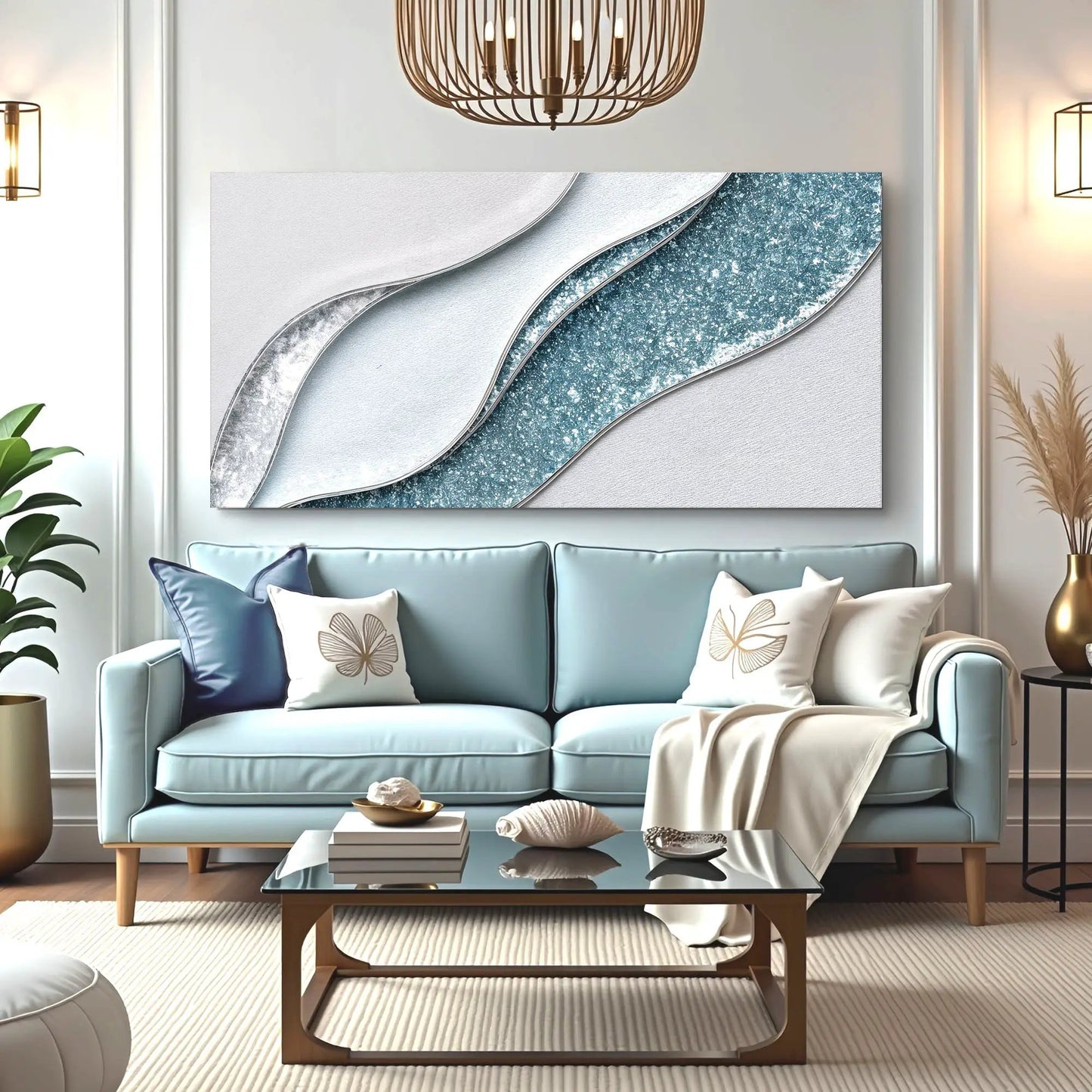 Lighter Waves Wall Art Canvas featuring blue silver abstract waves Tailored Canvases on Tampa Home & Garden Store