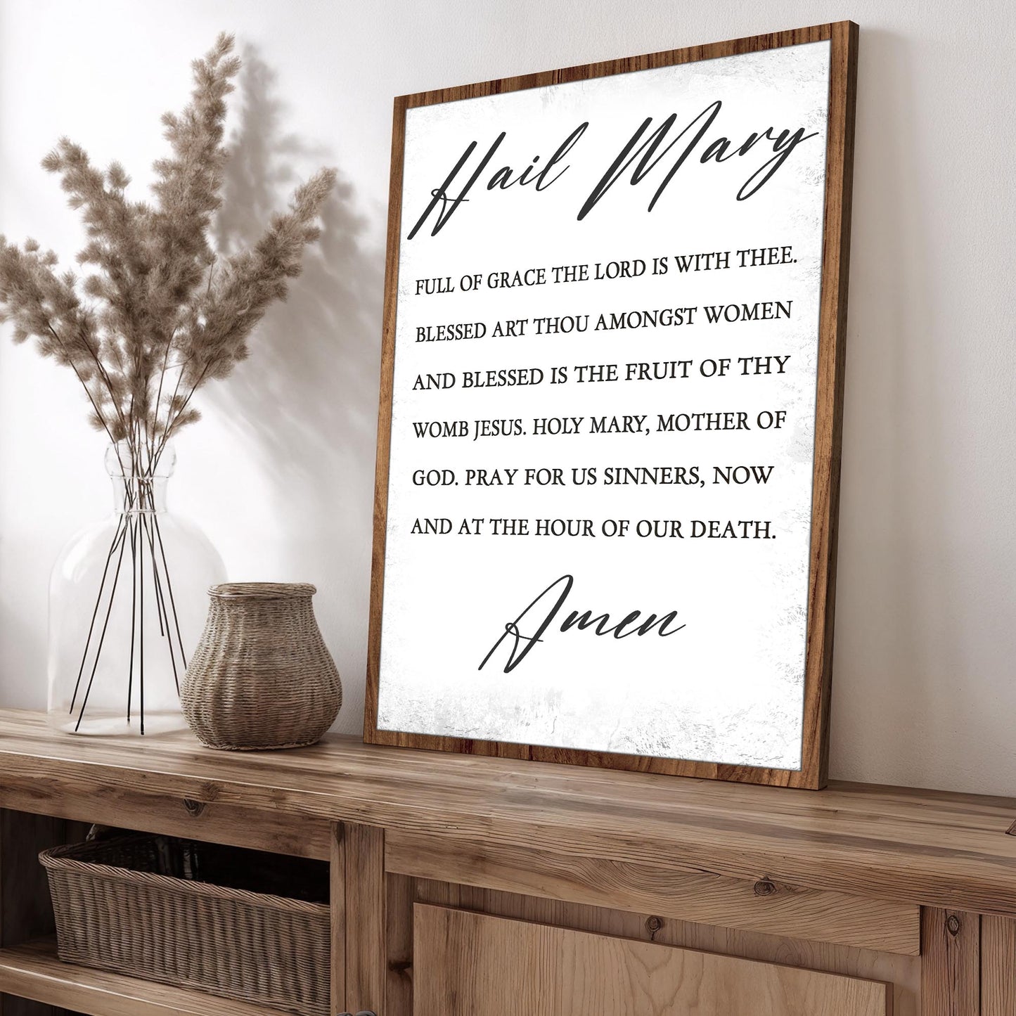 Hail Mary Faith Sign canvas with black script text wood frame Tailored Canvases on Tampa Home & Garden Store