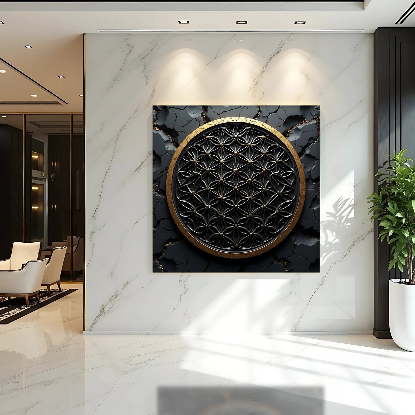 Flower Of Life Wall Art III canvas; black circular lattice with gold trim on marble wall on Tampa Home & Garden Store