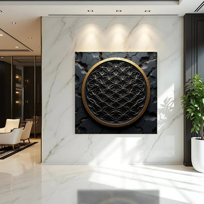 Flower Of Life Wall Art III canvas; black circular lattice with gold trim on marble wall on Tampa Home & Garden Store