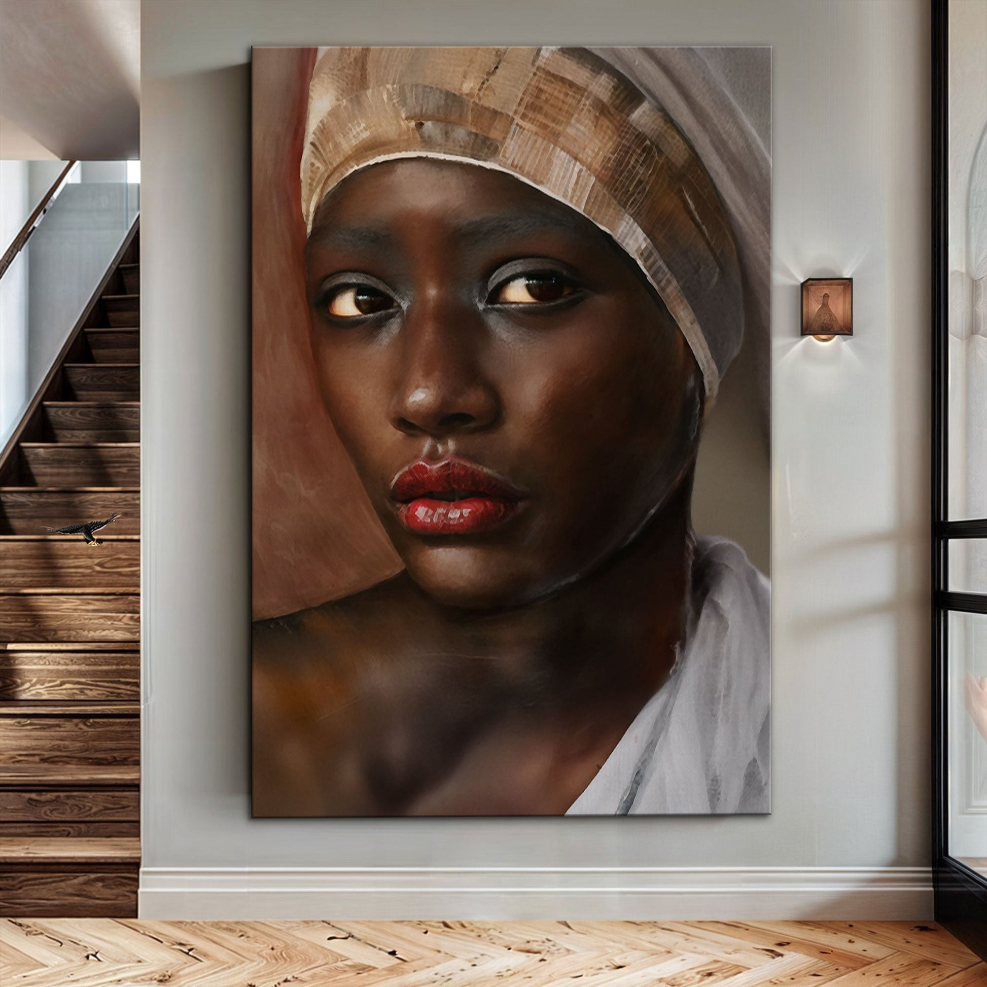 African Woman Painting Wall Art canvas by Tailored Canvases featuring a warm beige headwrap on Tampa Home & Garden Store
