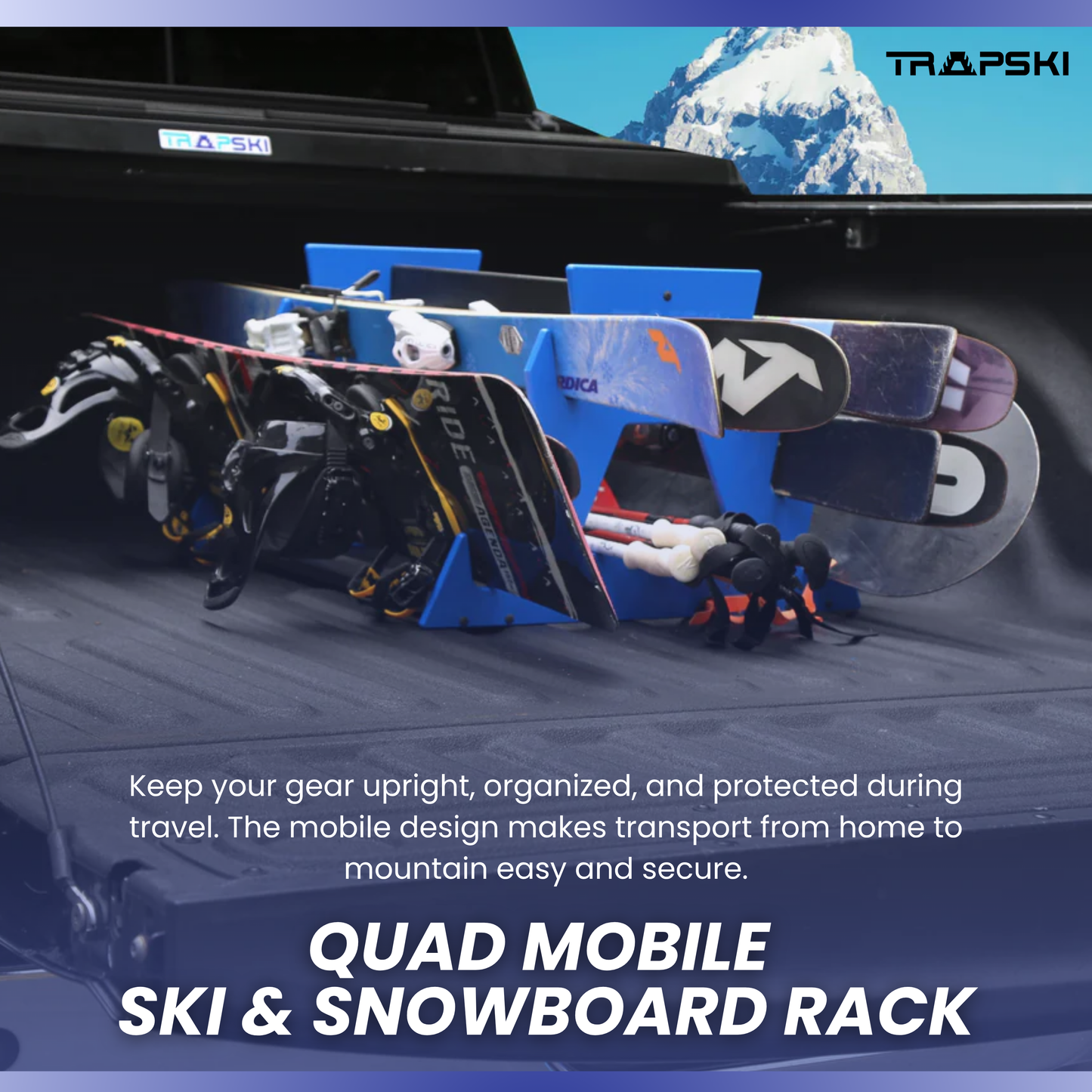 Portaesquís portátil para todo tipo de montaña y tablas de snowboard de posición estándar TRAPSKI QUAD