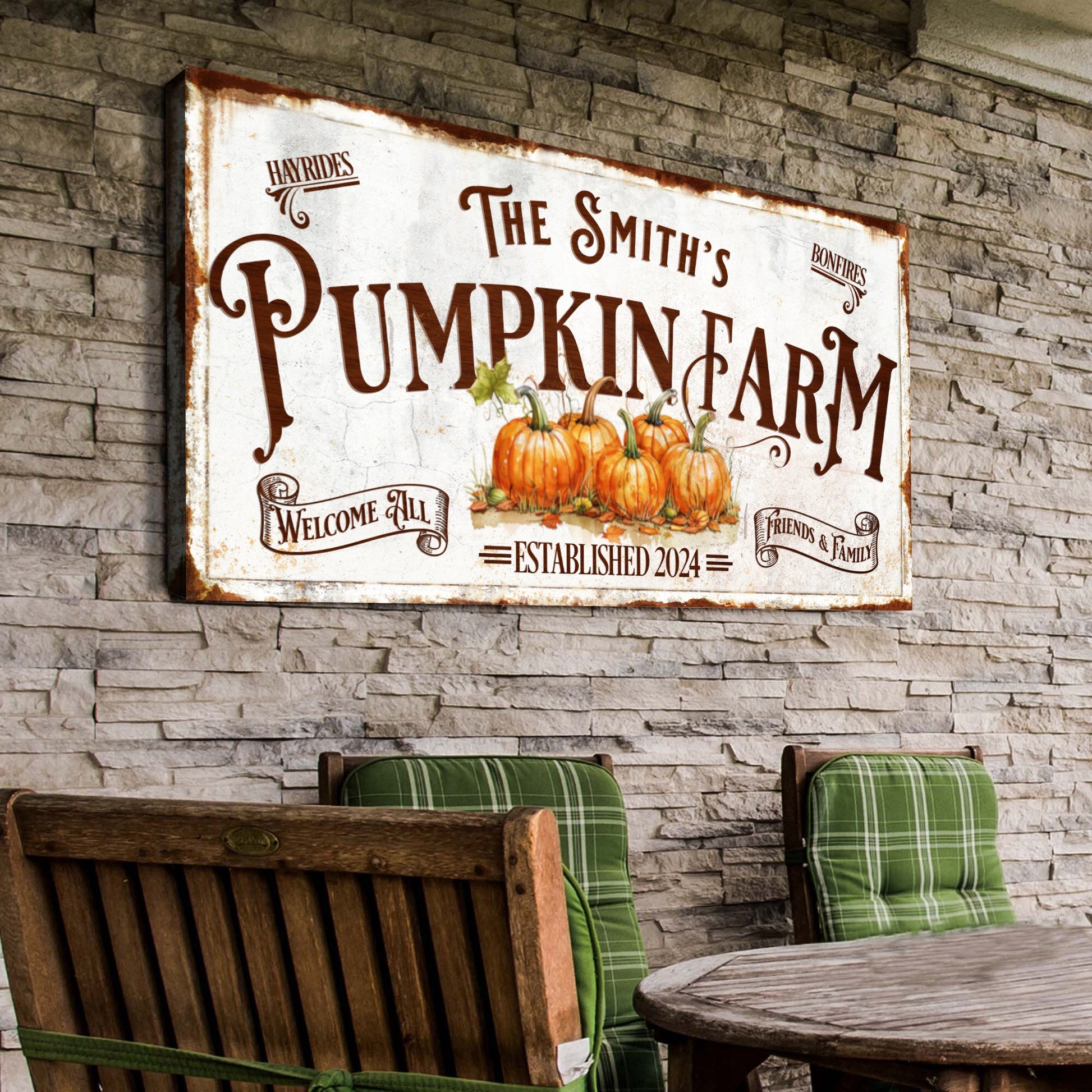 Personalized Pumpkin Farm Sign canvas by Tailored Canvases with rustic lettering and pumpkins on Tampa Home & Garden Store