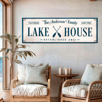 Canvas sign Personalized Lake House Sign IV by Tailored Canvases, beige backdrop with navy border on Tampa Home & Garden Store