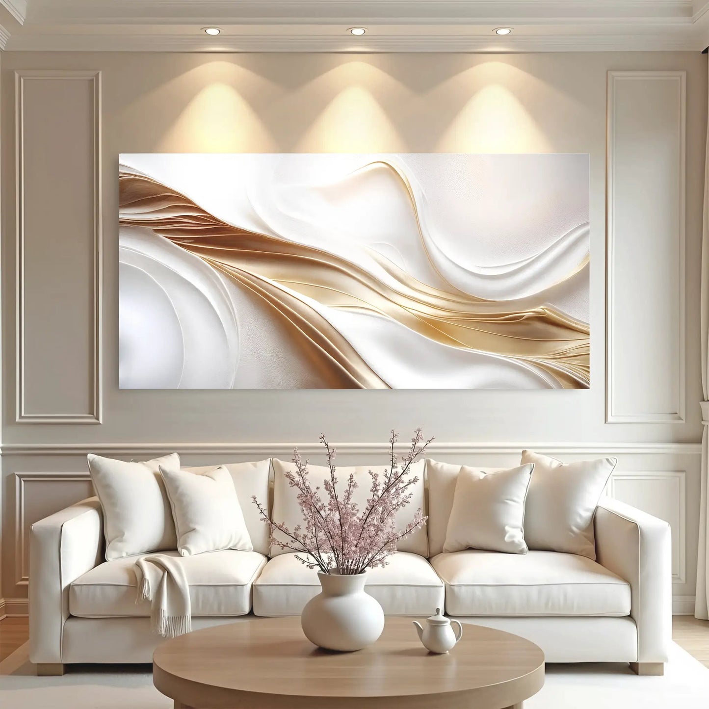 White and gold abstract canvas wall art with flowing metallic ribbons on white backdrop on Tampa Home & Garden Store