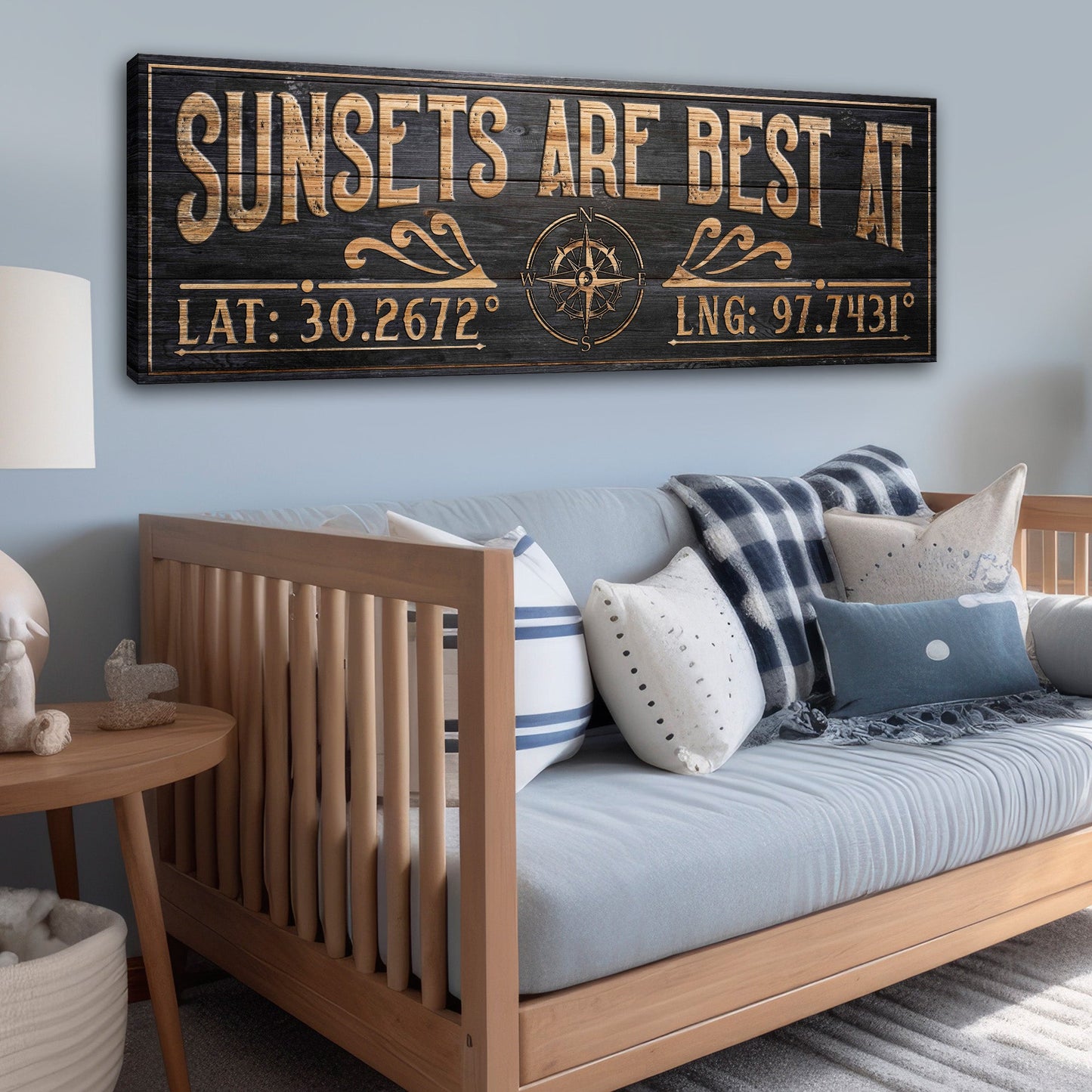 Tailored Canvases Sunsets Best At Coordinates II canvas in black wood with gold letters compass on Tampa Home & Garden Store