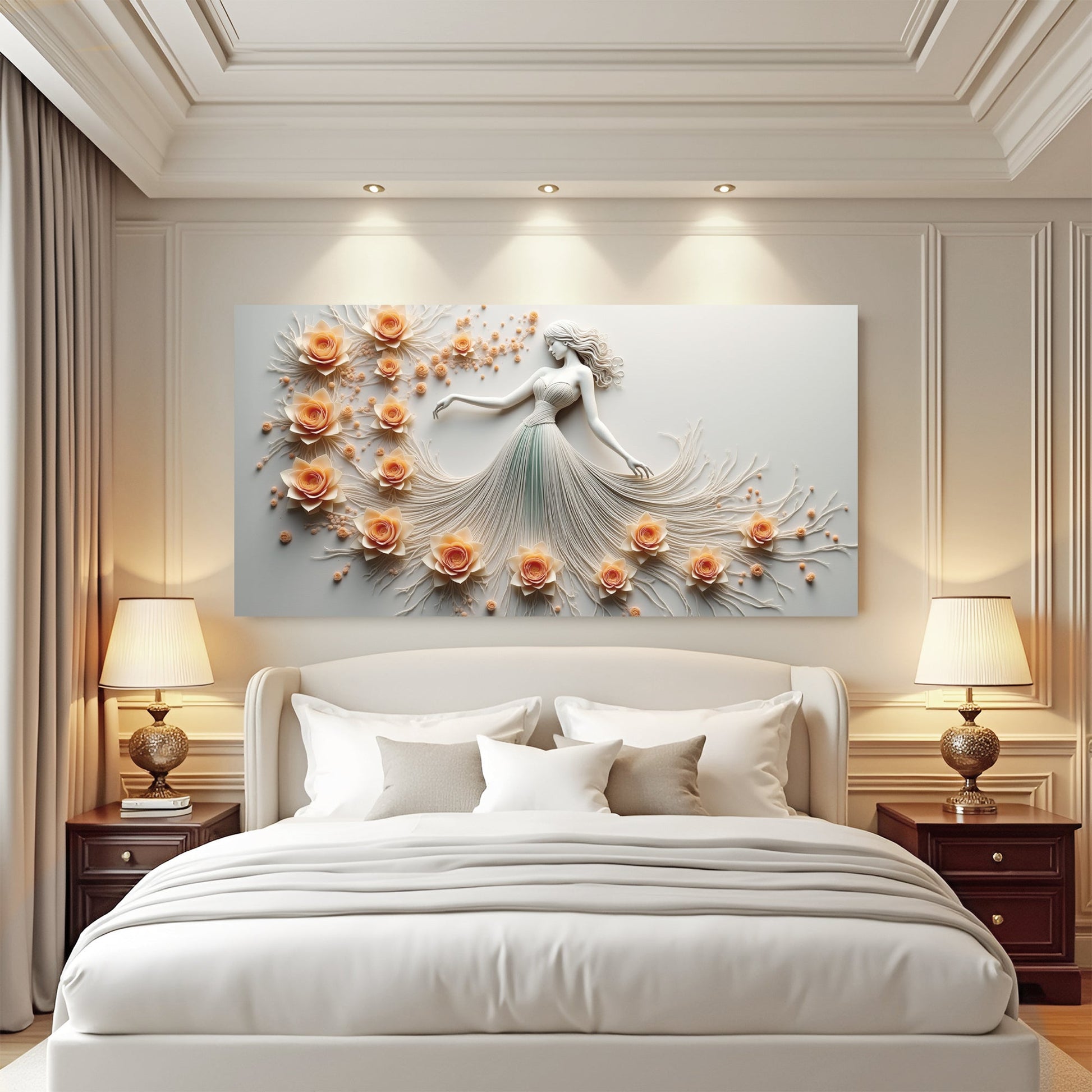 Modern Minimalist Woman Dance Wall Art canvas by Tailored Canvases with peach roses on Tampa Home & Garden Store