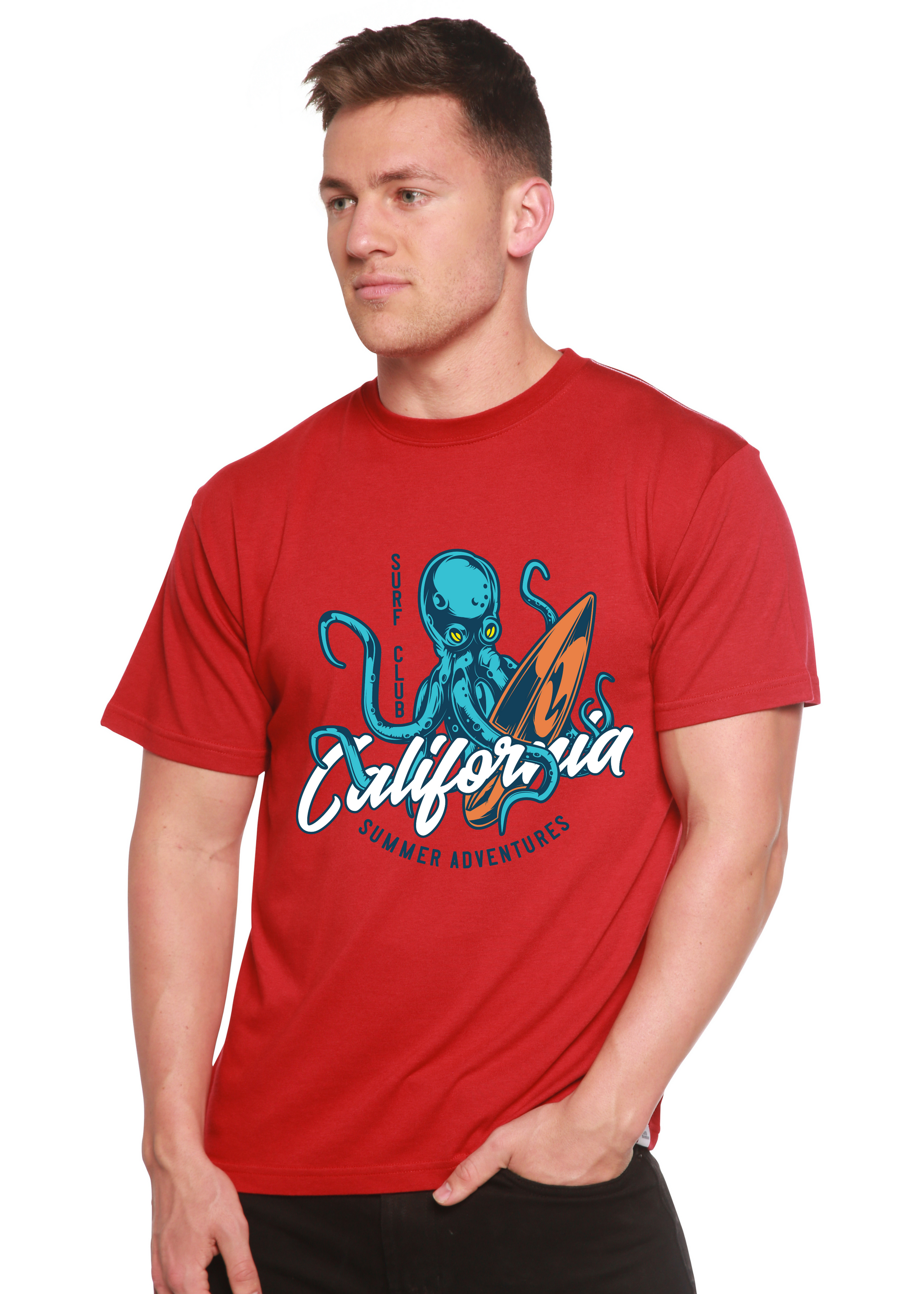 California Summer Adventures graphic tee by Spun Bamboo in red with blue octopus and surfboard on Tampa Home & Garden Store