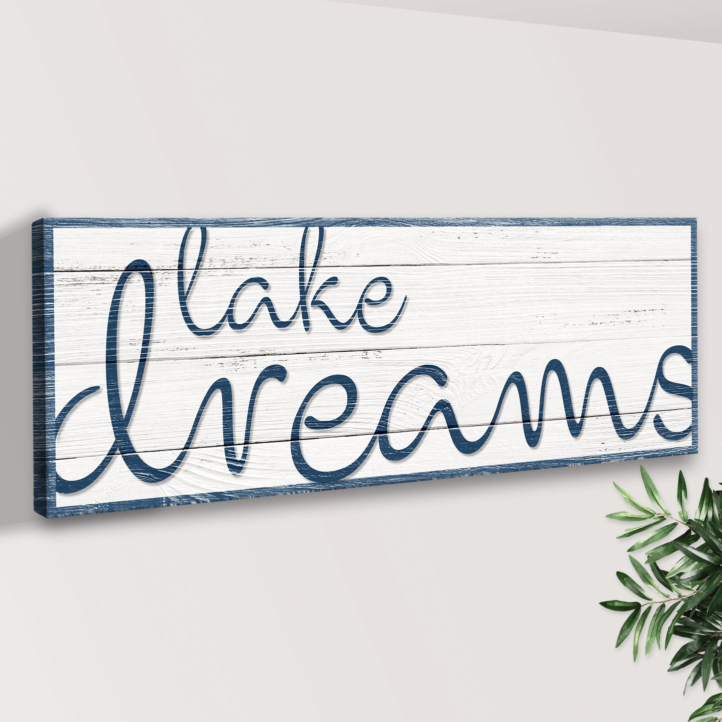 Lake Dreams Sign II canvas sign by Tailored Canvases with distressed white wood and blue frame on Tampa Home & Garden Store