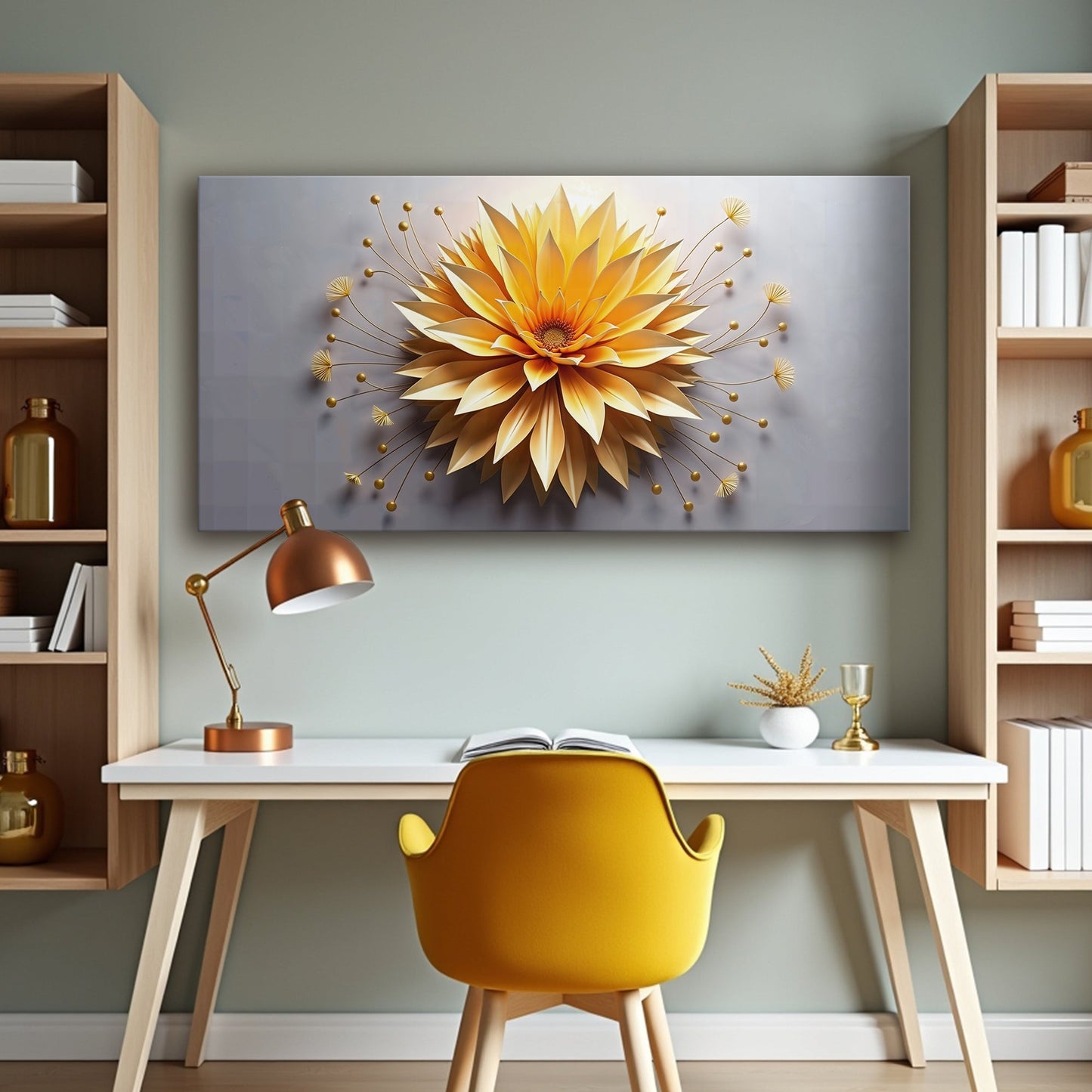 Golden Dandelion Minimalist Abstract Wall Art canvas with bright yellow petals on grey backdrop on Tampa Home & Garden Store