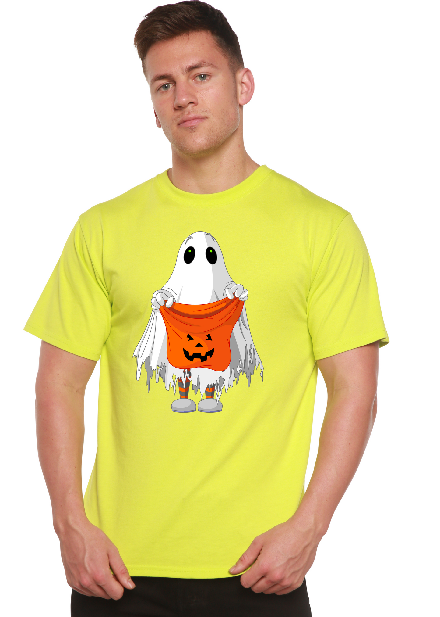 Boo Halloween men's bamboo viscose/organic cotton graphic tee with ghost and pumpkin Spun Bamboo on Tampa Home & Garden Store