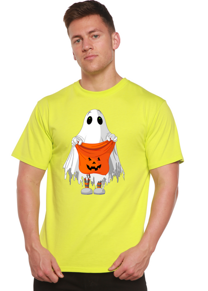 Boo Halloween men's bamboo viscose/organic cotton graphic tee with ghost and pumpkin Spun Bamboo on Tampa Home & Garden Store