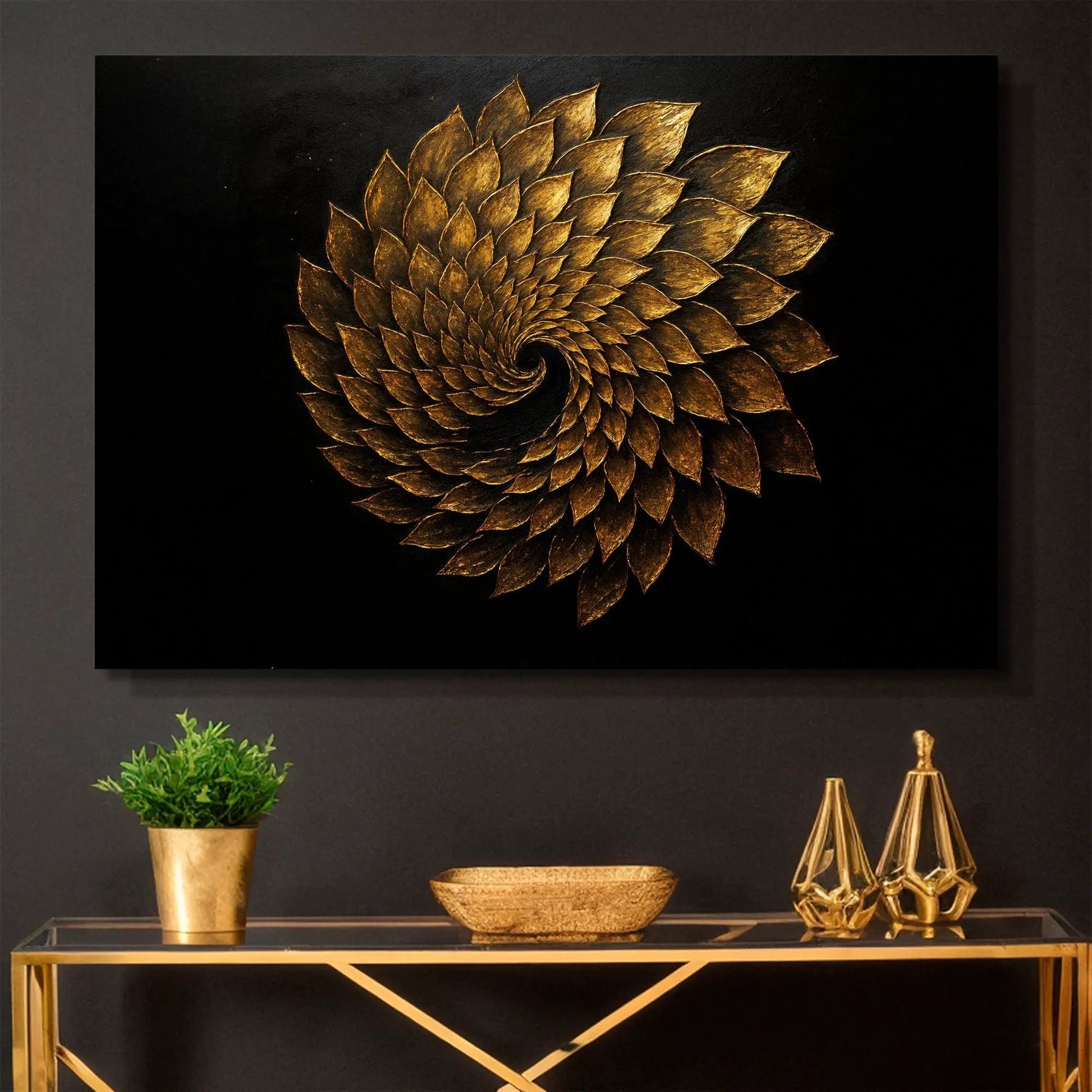 Winged Harmony abstract wall art canvas with a gold leaf spiral on black Tailored Canvases on Tampa Home & Garden Store