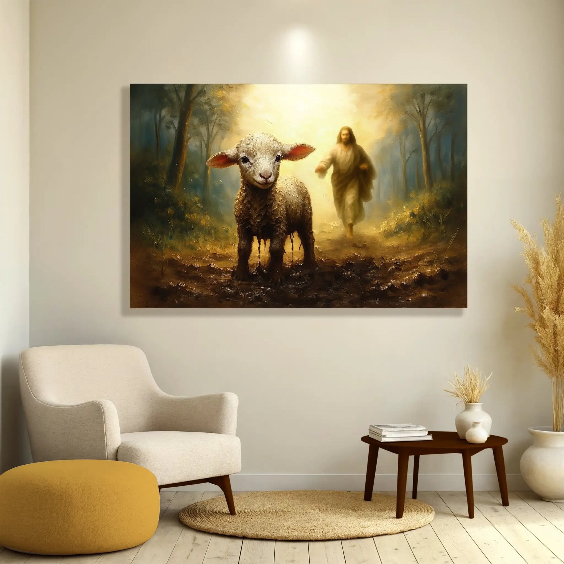 Canvas Jesus Running After A Lost Lamb Faith Wall Art featuring a white lamb in a sunlit forest on Tampa Home & Garden Store
