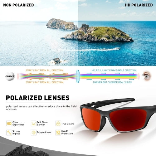 Polarized impact-resistant sunglasses with black frame and red lenses for fishing and shooting on Tampa Home & Garden Store