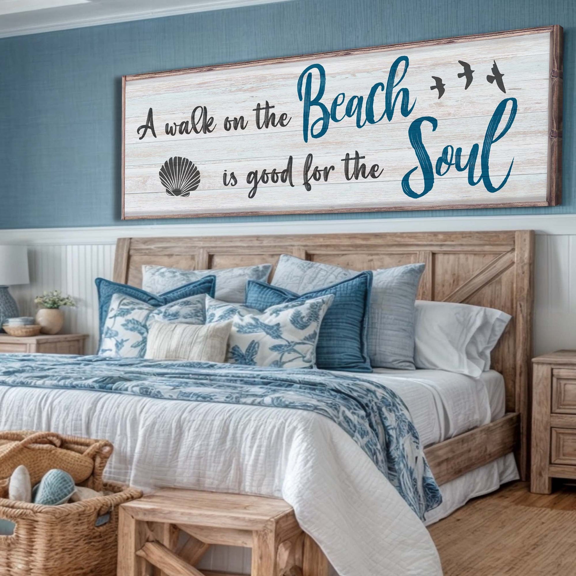 A Walk On The Beach Is Good For The Soul Sign II canvas on wood panel with teal script on Tampa Home & Garden Store