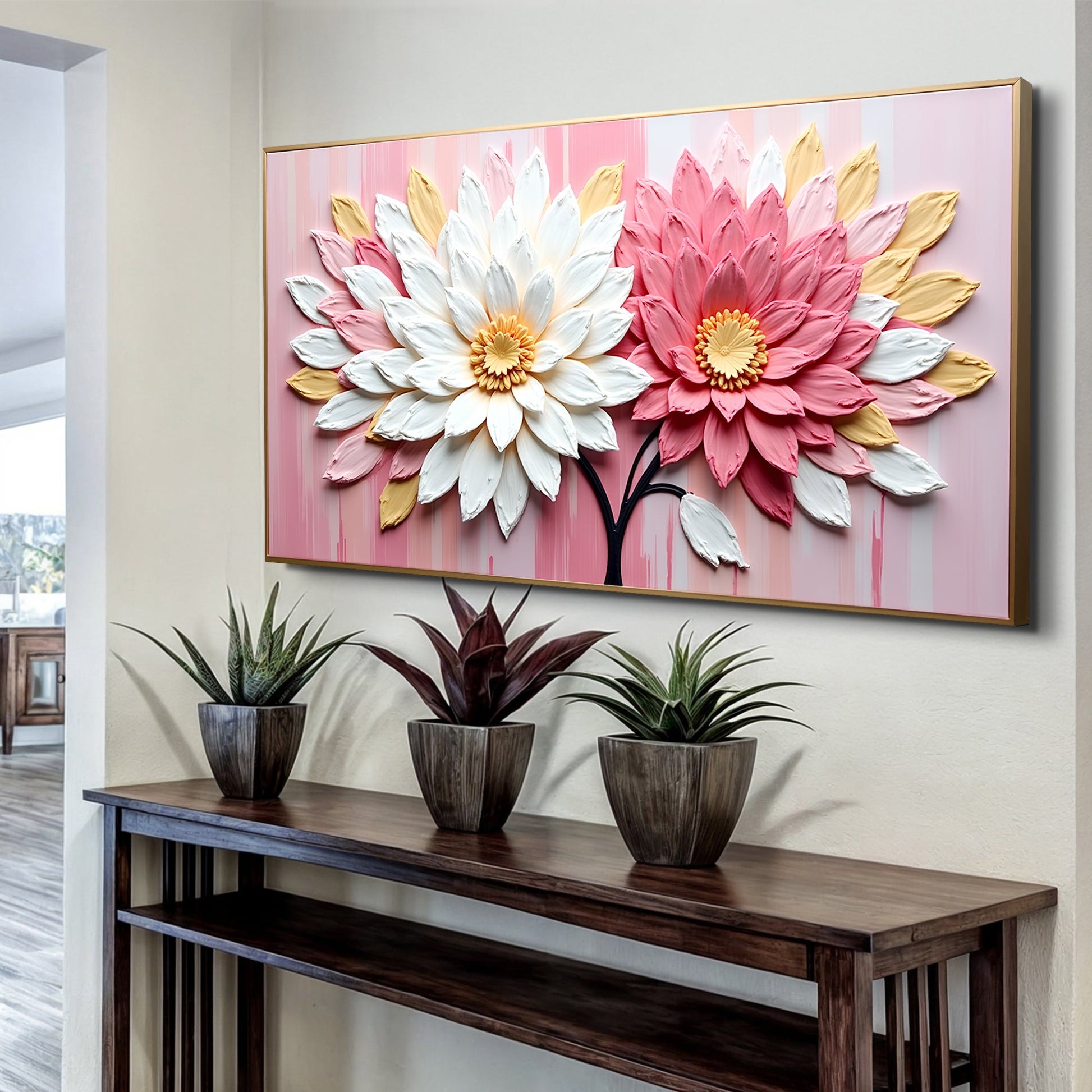 Blushing Blooms Pink Wall Art canvas with white and pink petals on striped background gold frame on Tampa Home & Garden Store
