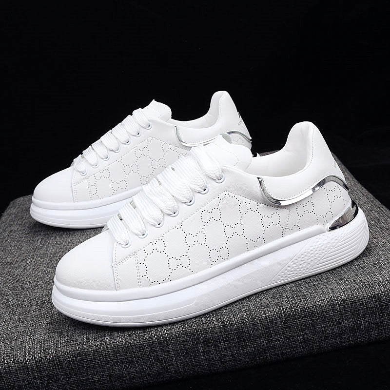Stevvex white platform sneakers with perforated pattern, lace-up casual gym shoes, thick sole on Tampa Home & Garden Store