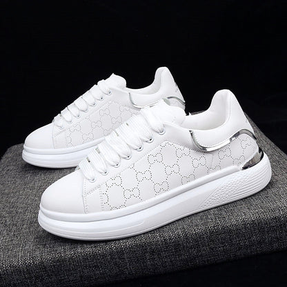 Stevvex white platform sneakers with perforated pattern, lace-up casual gym shoes, thick sole on Tampa Home & Garden Store