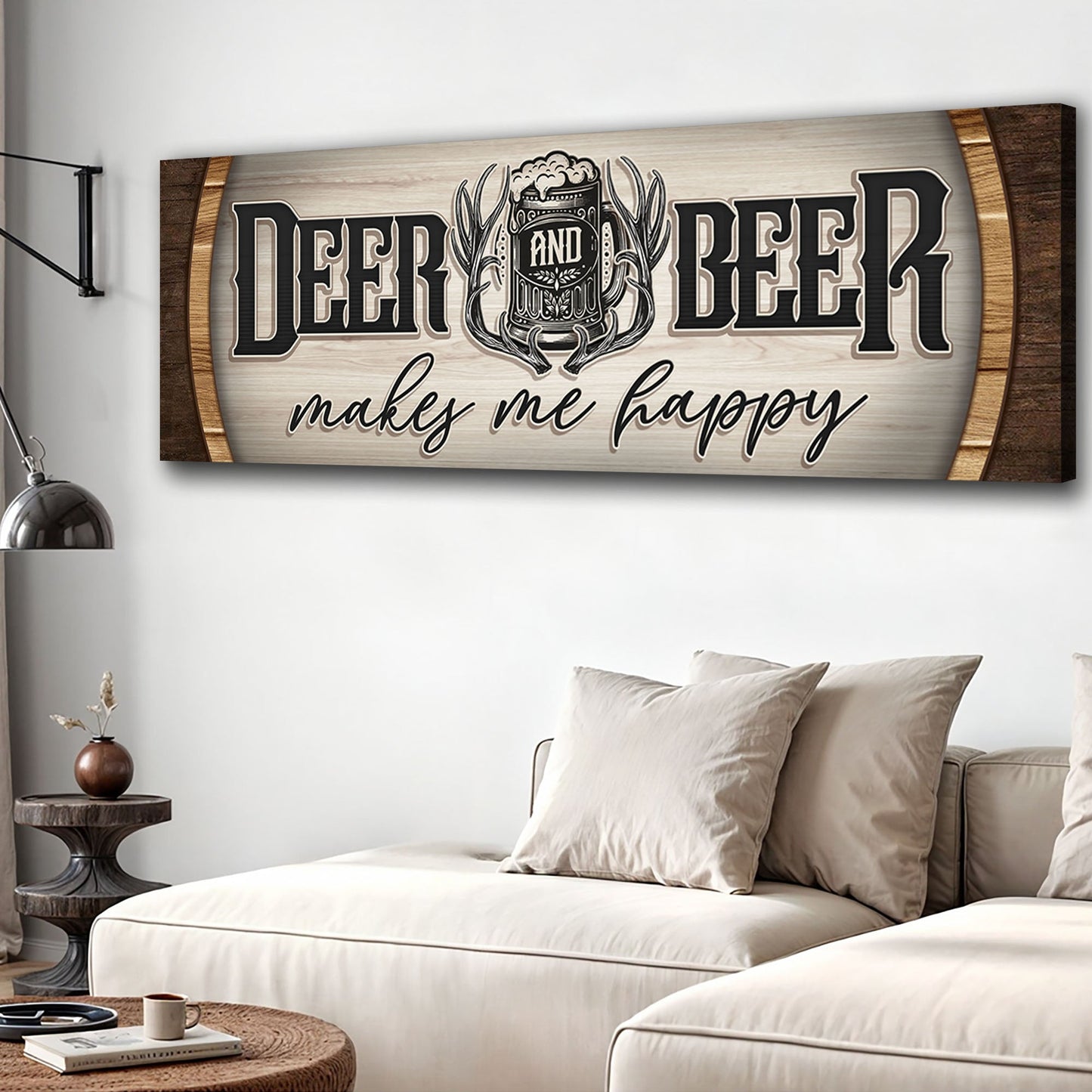 Deer And Beer Make Me Happy Hunting Sign II canvas by Tailored Canvases on wood background on Tampa Home & Garden Store