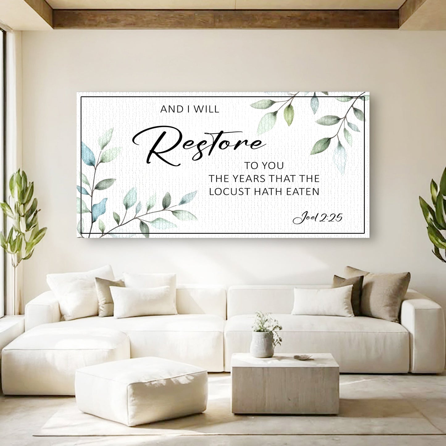 Canvas faith sign Tailored Canvases And I Will Restore To You Joel 2:25 watercolor leaves on Tampa Home & Garden Store