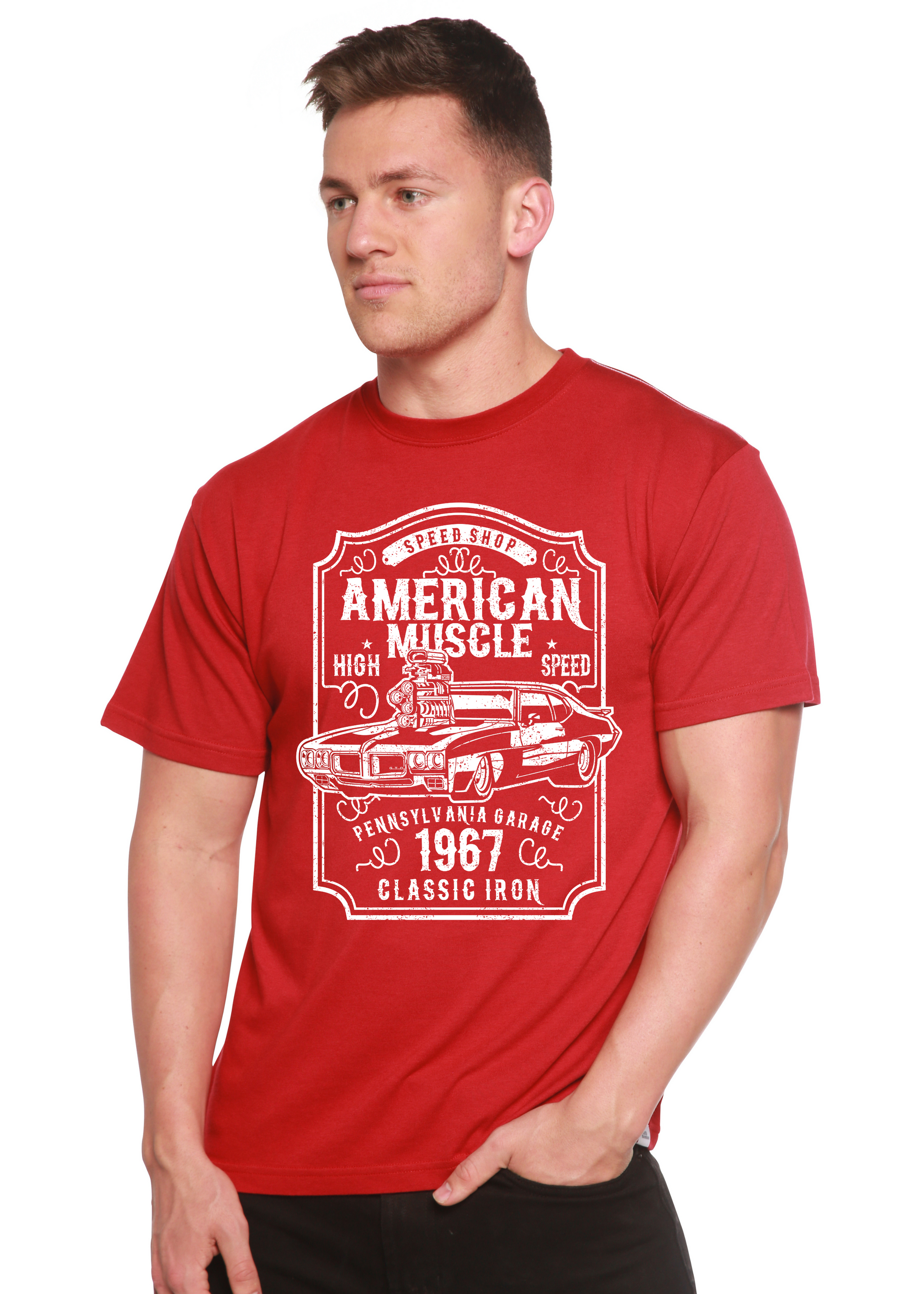 American Muscle men's bamboo viscose organic cotton graphic T-shirt red by Spun Bamboo on Tampa Home & Garden Store