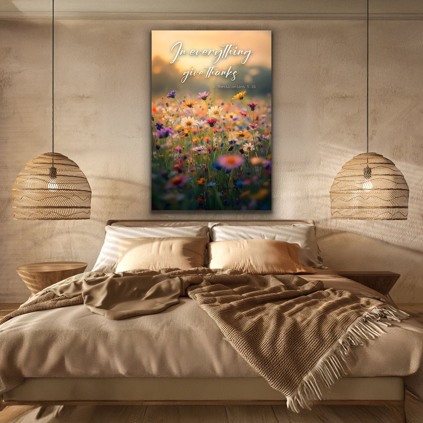 Canvas faith wall sign with a field of wildflowers at sunset; In Everything Give Thanks on Tampa Home & Garden Store