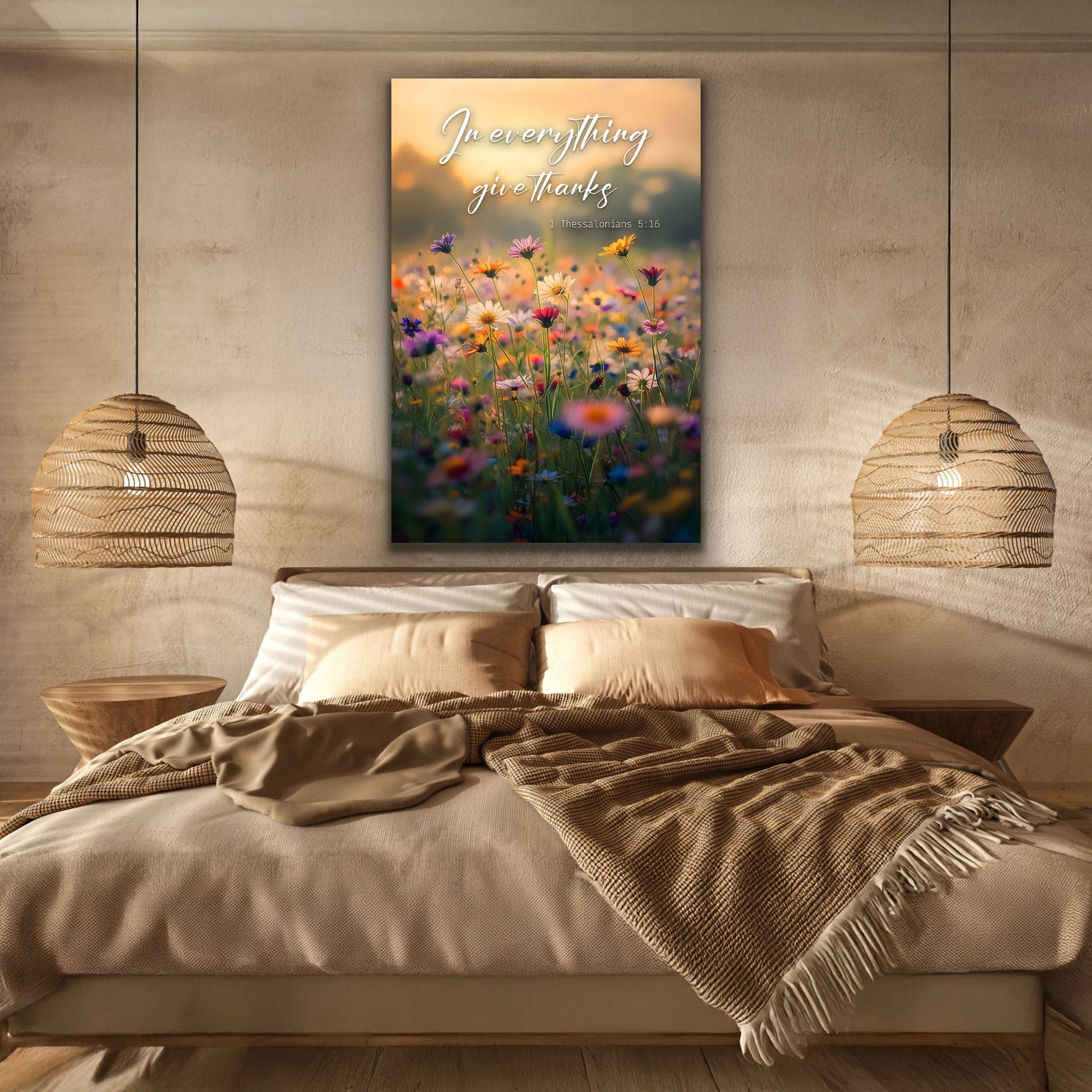 Canvas faith wall sign with a field of wildflowers at sunset; In Everything Give Thanks on Tampa Home & Garden Store