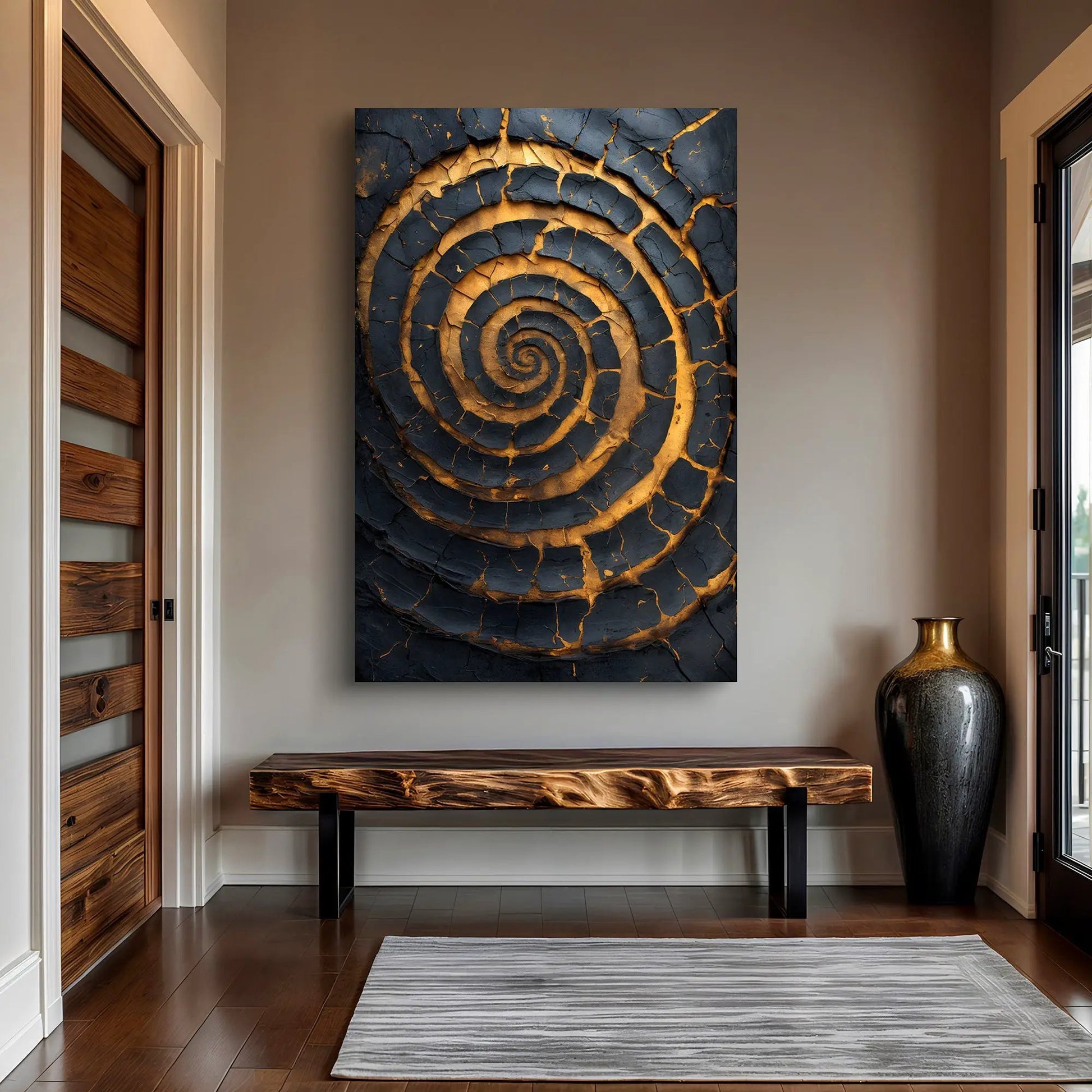 Black and Gold Spiral Canvas Wall Art by Tailored Canvases with cracked gold spiral texture on Tampa Home & Garden Store